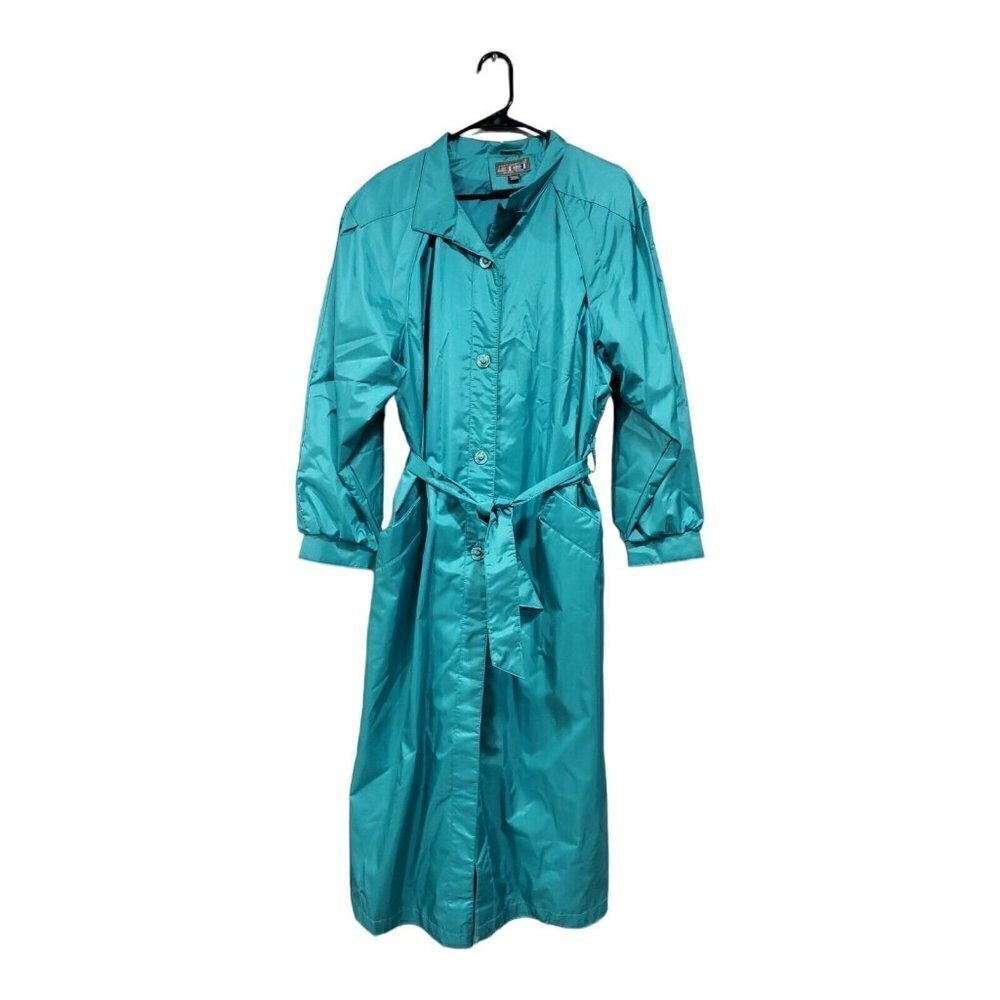 Vintage Paris Sports Club Women's Teal Blue Long Trench Coat Shoulder Pa…